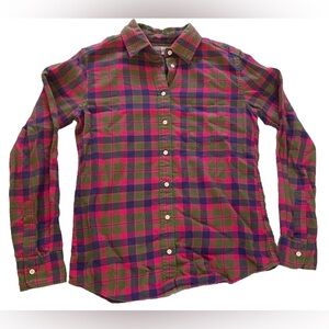 Uniqlo Womens Pink and Green Plaid Button Up Shirt Casual Pocket